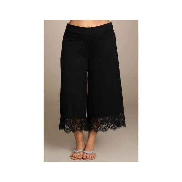 SOLD OUT Plus Pant Gaucho High Waist Lace Black Capri Wide Leg Bohemian - Picture 2 of 6